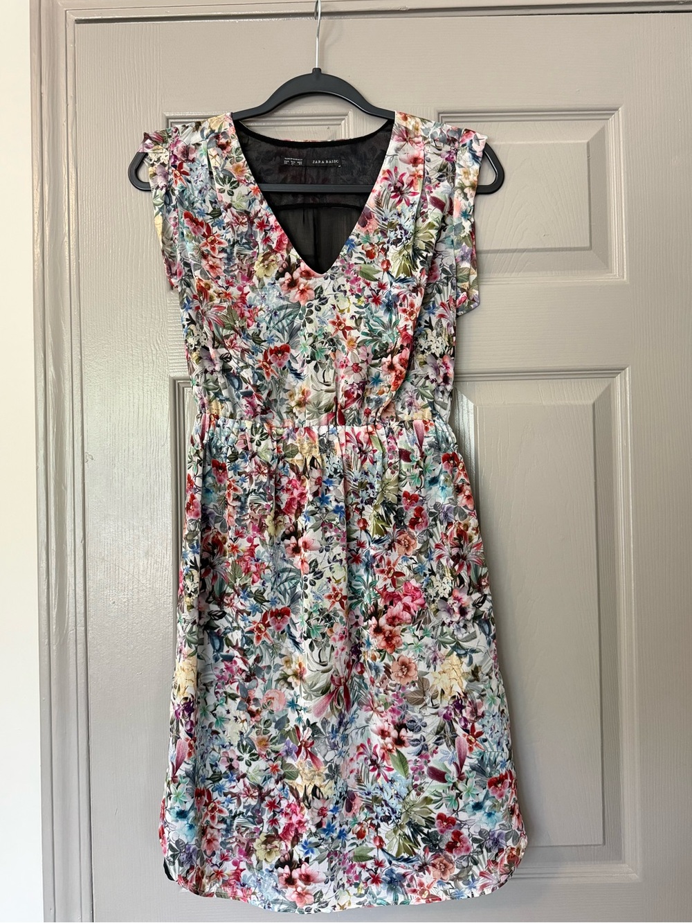 Zara Basic V-neck Floral Multicolor Sheer Panel Dress, Size XS